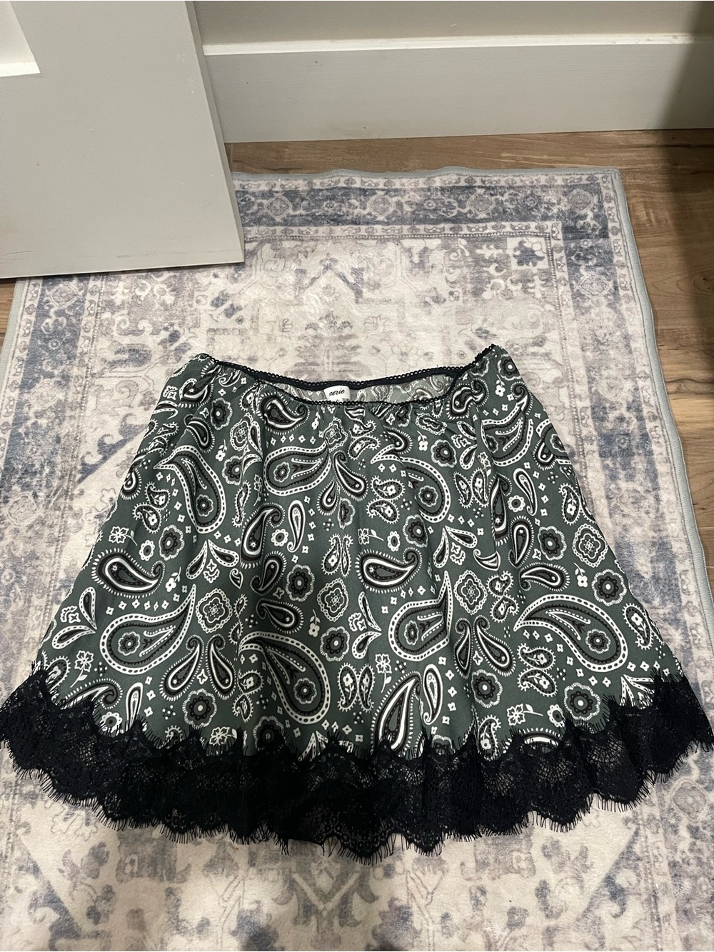 aerie Green Paisley Print Skater Skirt with Black Lace Trim